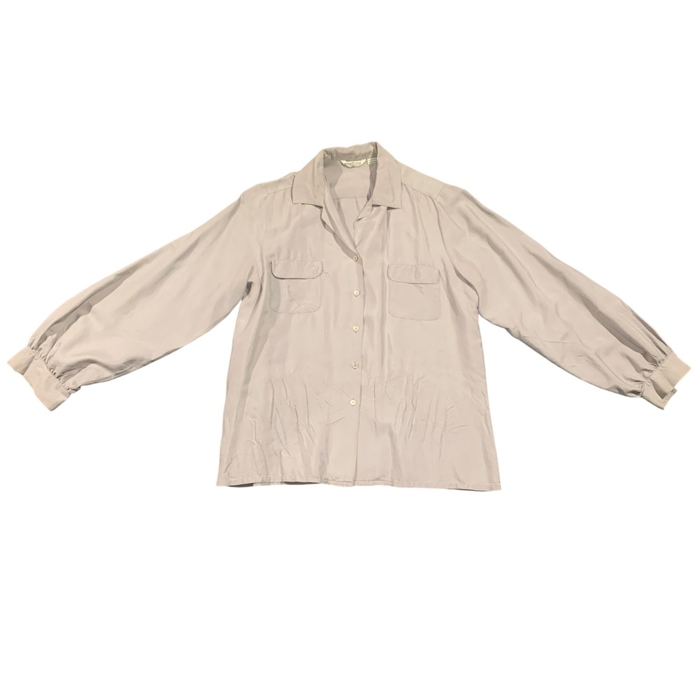 Royal Silk Vintage 100% Pure Silk Blouse Gray Button Up Top Made In Hong Kong